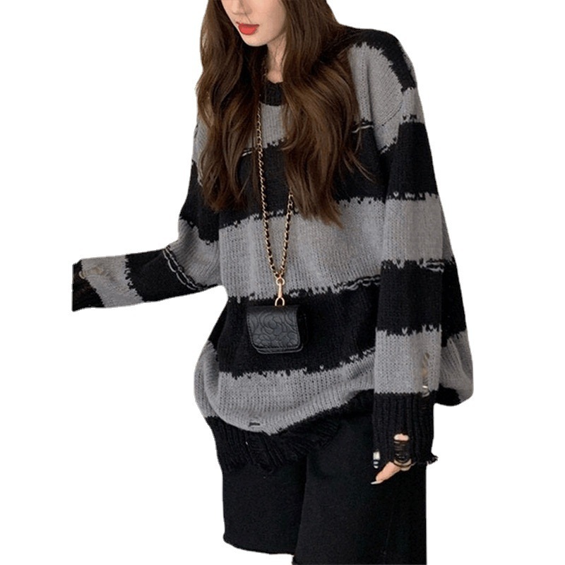 Early Autumn Sweater New Long Sleeve Striped Loose Sweater Female Lazy Pullover Round Neck Sweater Top