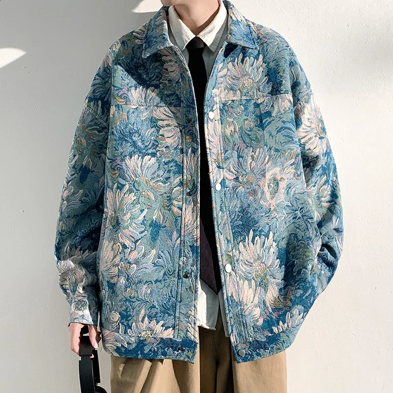 Spring Japanese Fashion Denim Jacket Men Women Lapel Full Flower Print Cowboy Coats Casual Unisex Oversize Outwear Streetwear 240816