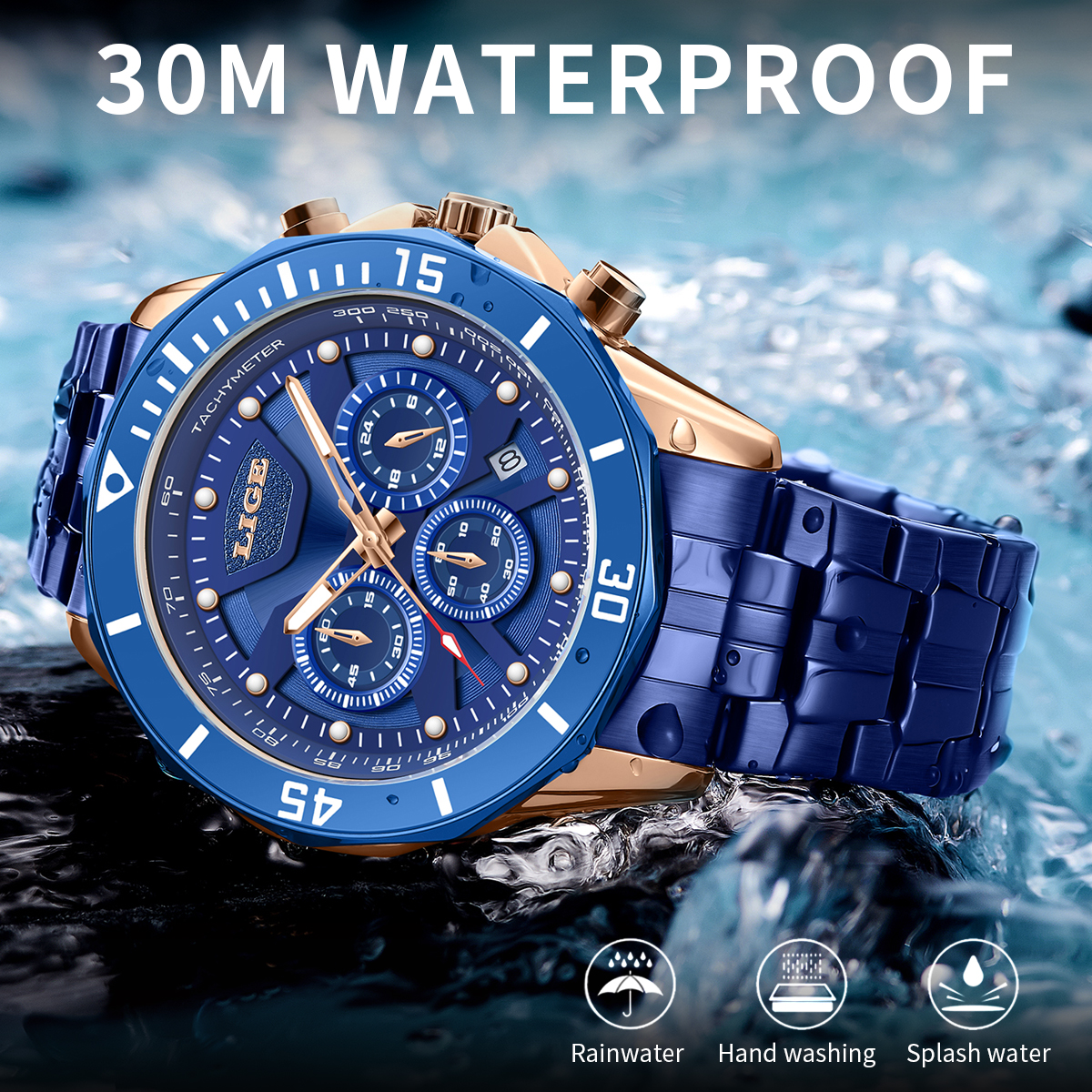 LIGE Youth fashion Quartz Watch Men's waterproof watch Polygon case Holiday Gift Luxury brand watch Multi-function chronograph watch