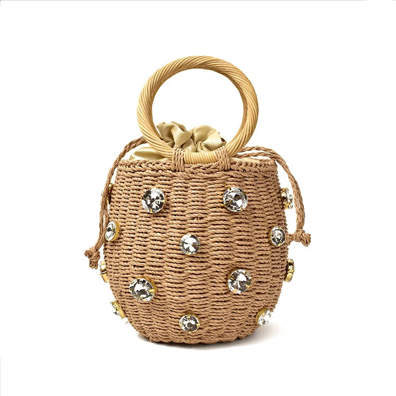 2023 Handmade Water Diamond Crystal Embossed Straw Bag Bucket Womens Travel Wallet Handbag Sac en Paille 240809Z