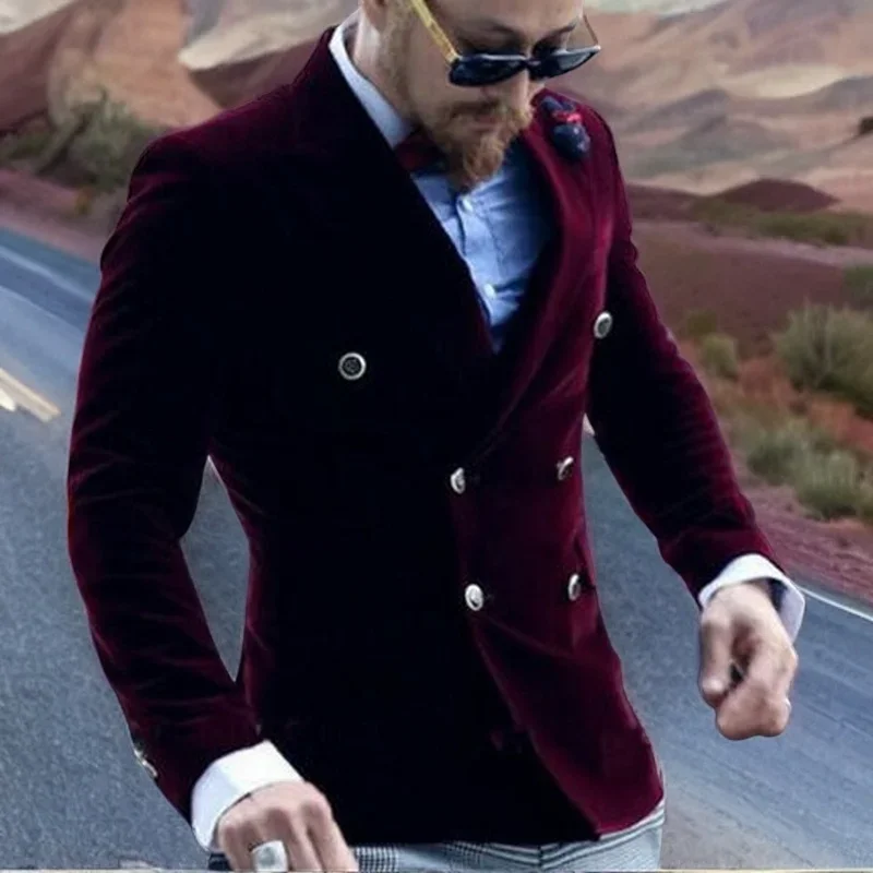 Velvet Smoking Jacket for Men Double Breasted Casual Suit Blazer Slim Fit 1 Pcs Burgundy Groom's Fashion Coat 2024