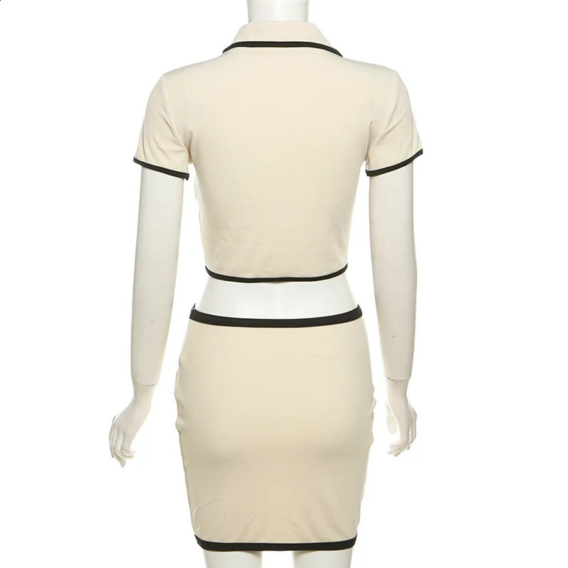 Women Two Piece Skirt Set Short sleeved Cardigan T Shirt With Mini Skirt Flip Collar Sexy Wrapped Hip Short Skirt Set Skirt 240810