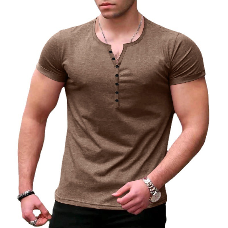 24ss Mens Summer New Mens Henley Shirt Solid Color Button Mens Short Sleeve T-shirt