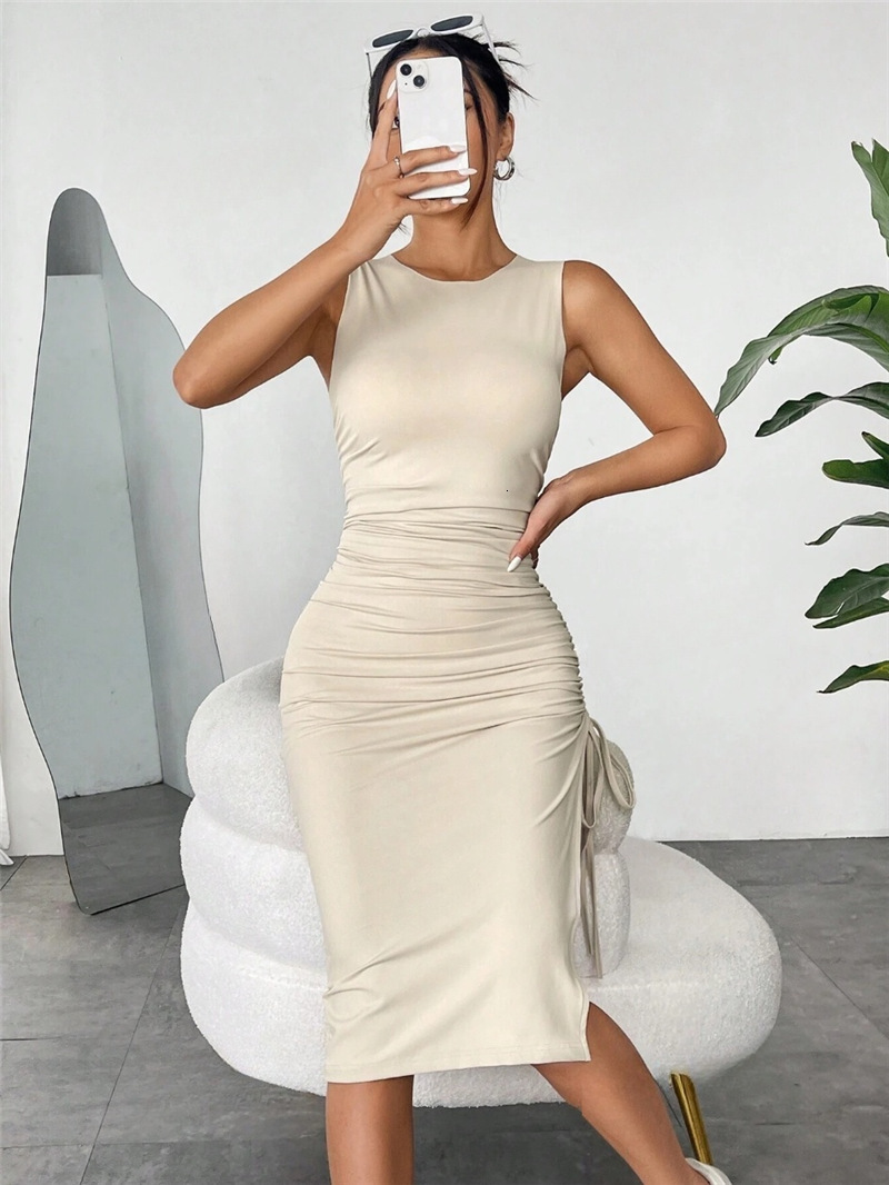 New sleeveless vest skirt with pleats drawstring slim fit hip hugging skirt summer dress