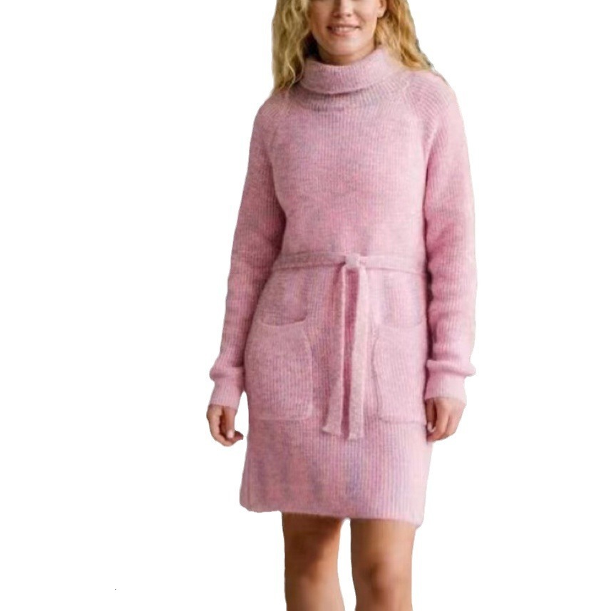 Women's mid to long length strap dress, solid color high neck pocket pullover knit sweater, women's 2024 autumn/winter new collection dongdu