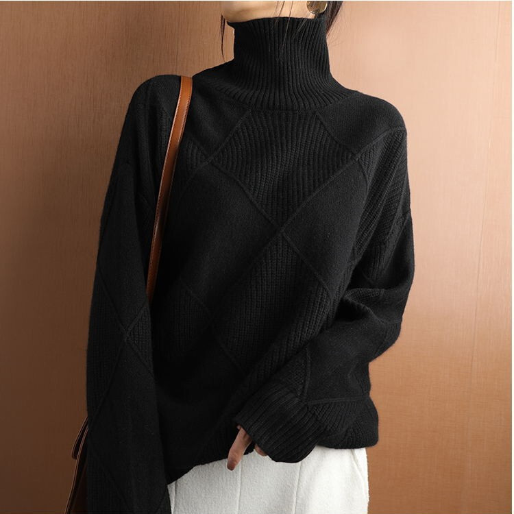 New autumn and winter casual versatile loose high neck warm sweater solid color knitted pullover top for women dongdumaoyi