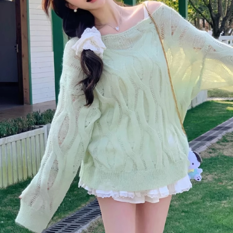 Lazy hollow out pullover knitted for women, early autumn mint mambo style hooded sweater, loose sweater design sense top dongdumaoyi