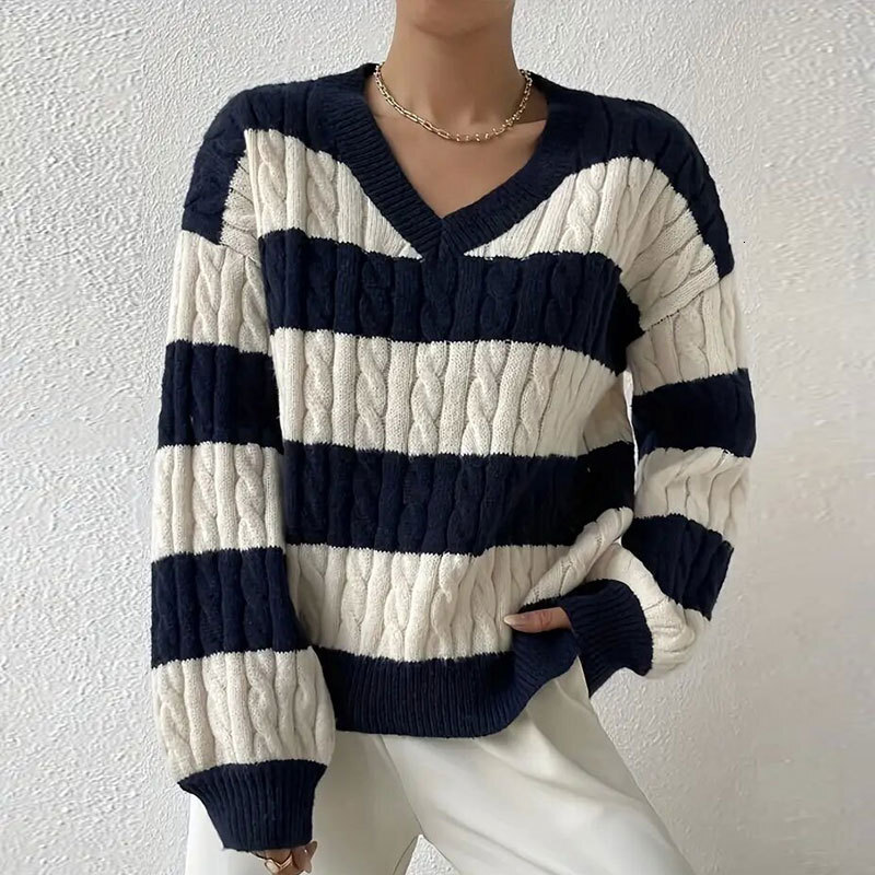 Autumn and Winter Sweater Womens Versatile Pullover V-neck Long Sleeve Fried Dough Twists Stripe Contrast Knit