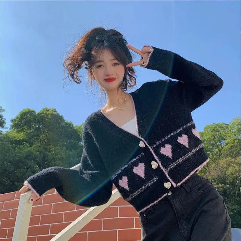 MEXZT Sweet Knitted Cardigan Women Korean Fashion Heart Button V Neck Print Sweater Coat Y2K Cute Loose Long Sleeve Crop Top 240809