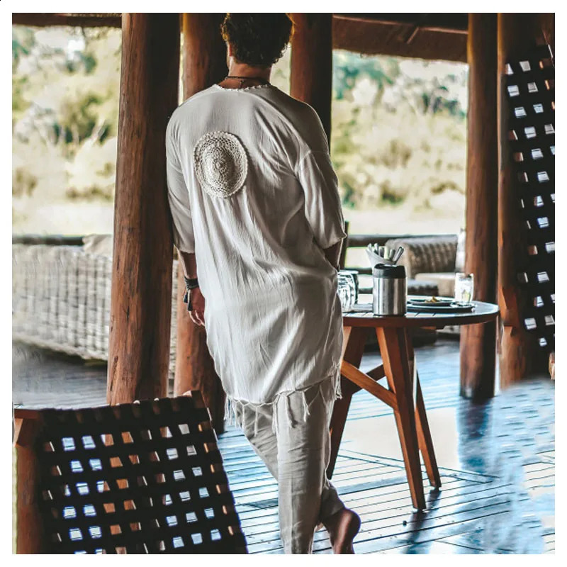 Men Tulum Linen Holiday Cardigan Mens Long White Cardigan Spring / Summer Thin Mens Sun Protection Shirt Fringe Long Cardigan 240806