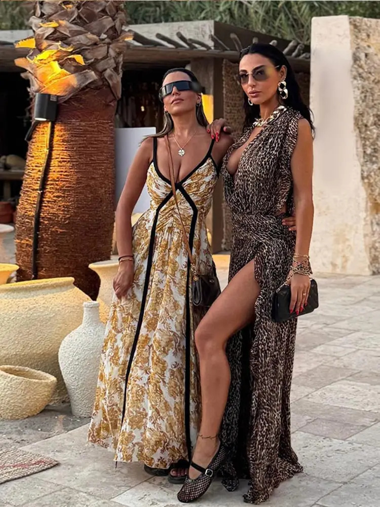 Women Sexy Print Patchwork Sling Dress Fashion V-neck Backless Sleeveless Maxi Dresses Summer Lady Party A-line Robes 240810