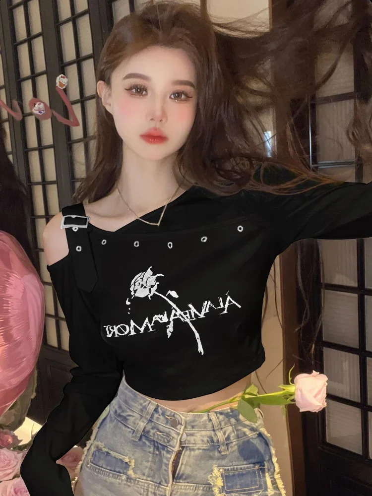 Irregular shoulder long sleeved fairy T-shirt Y2k aesthetic high waist cut top womens letter rose print Harajuku ultra-thin T-shirt 240826