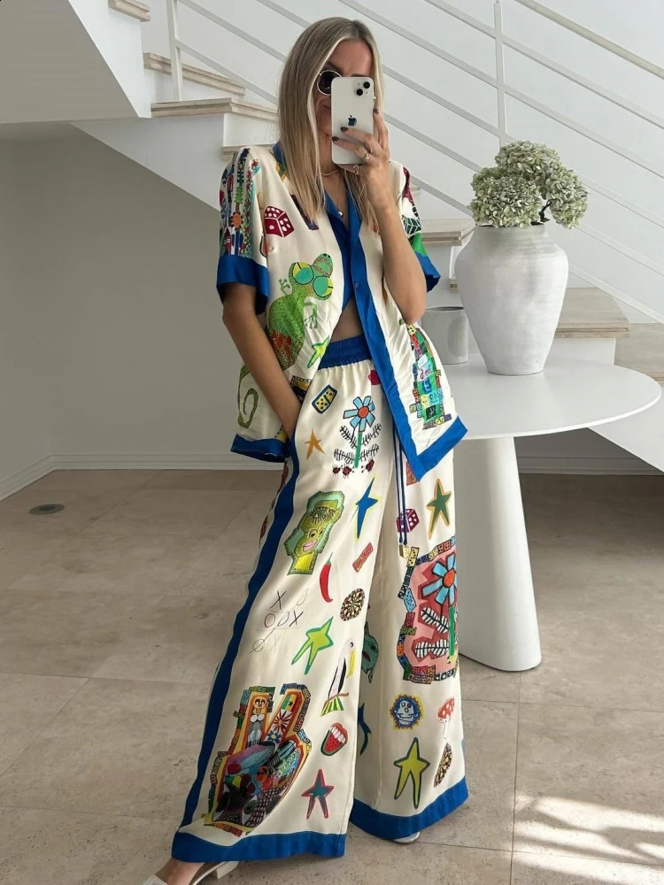 Satin Loose Patchwork Vintage Women Sets Elegant Short Sleeve Shirt Long Pants Two Piece Sets Summer Beach Women Outfits 240809