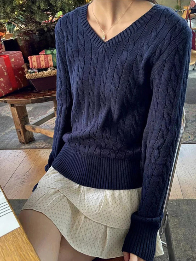 Solid Twisted Flower Knitted Sweater For Women Autumn Winter Cotton V Neck Slim Pullovers Tops Sweet Preppy Style Jumper Y2k 240812