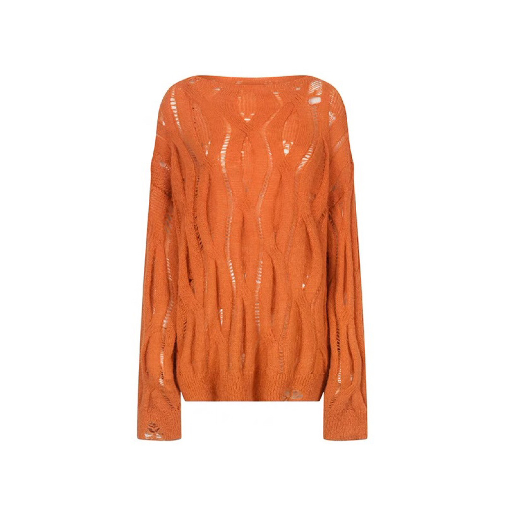 Lazy hollow out pullover knitted for women, early autumn mint mambo style hooded sweater, loose sweater design sense top dongdumaoyi