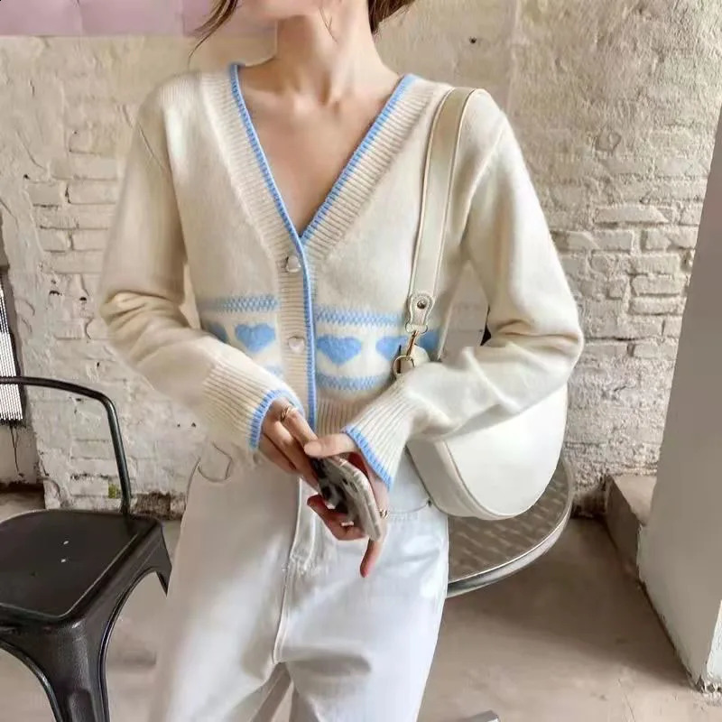 MEXZT Sweet Knitted Cardigan Women Korean Fashion Heart Button V Neck Print Sweater Coat Y2K Cute Loose Long Sleeve Crop Top 240809