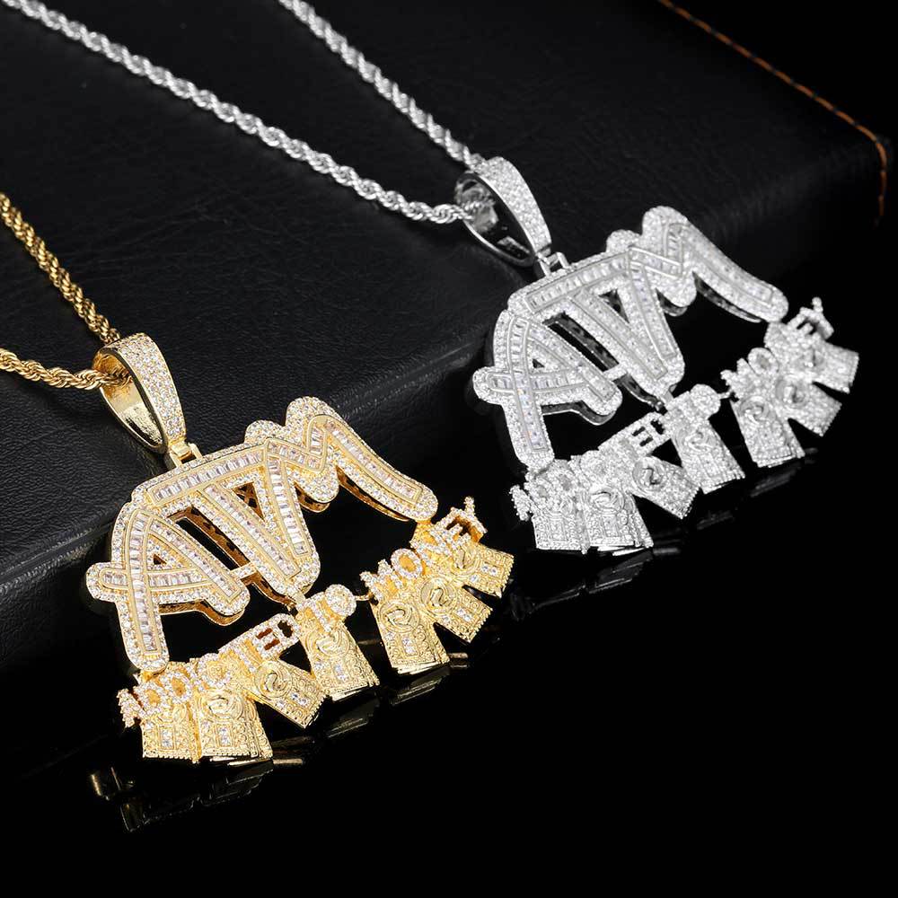 Charm ATM Dollar Letters Pendants Necklace 18K Gold Plated Men T Zircon Rap Jewelry