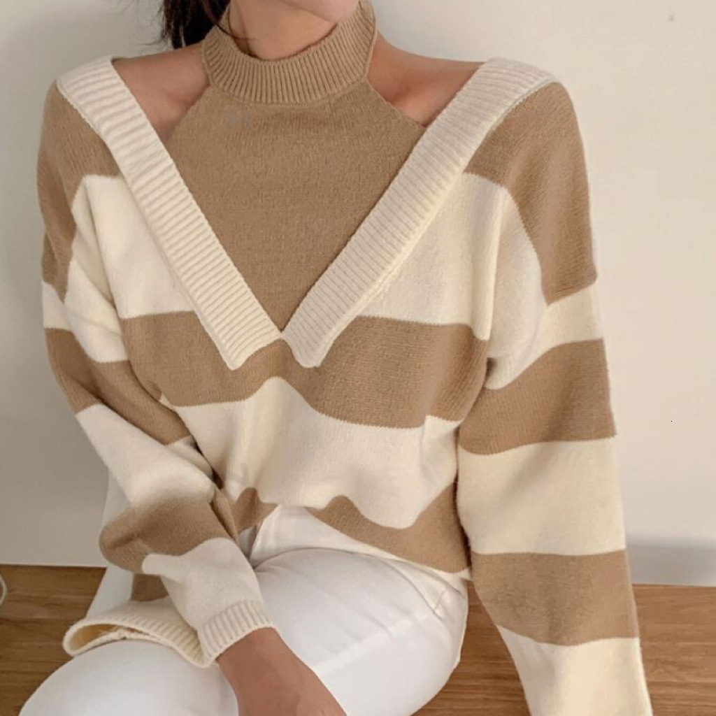 Striped soft sticky for women with a niche design, autumn and winter new loose off shoulder knitted sweater dongdumaoyi