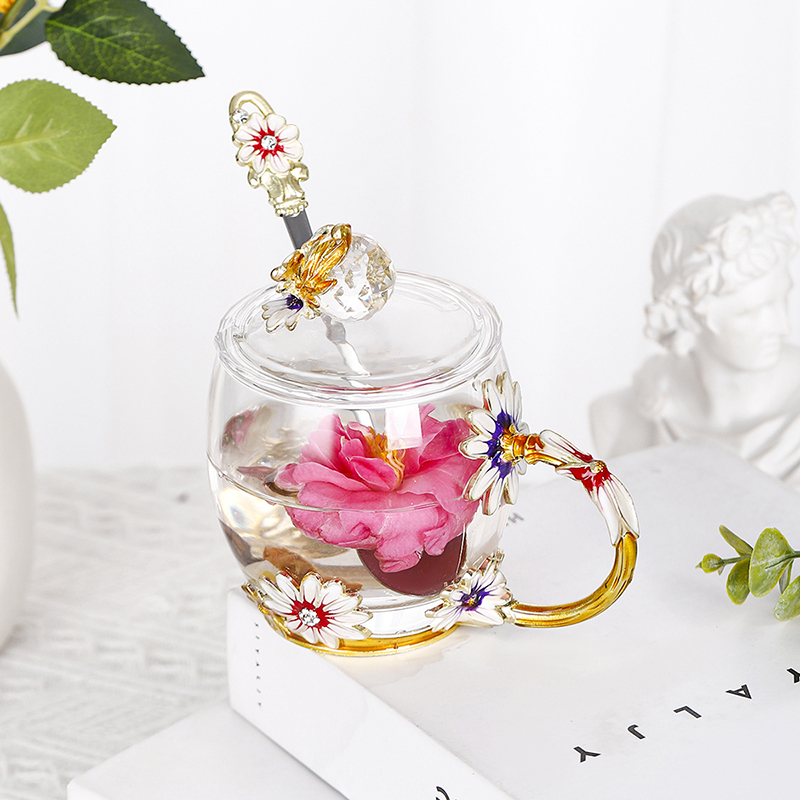 Chrysanthemum coffee cup Round enamel color water cup high temperature resistant crystal glass light luxury transparent tea cup