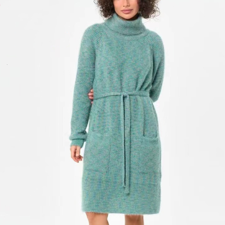 Women's mid to long length strap dress, solid color high neck pocket pullover knit sweater, women's 2024 autumn/winter new collection dongdu