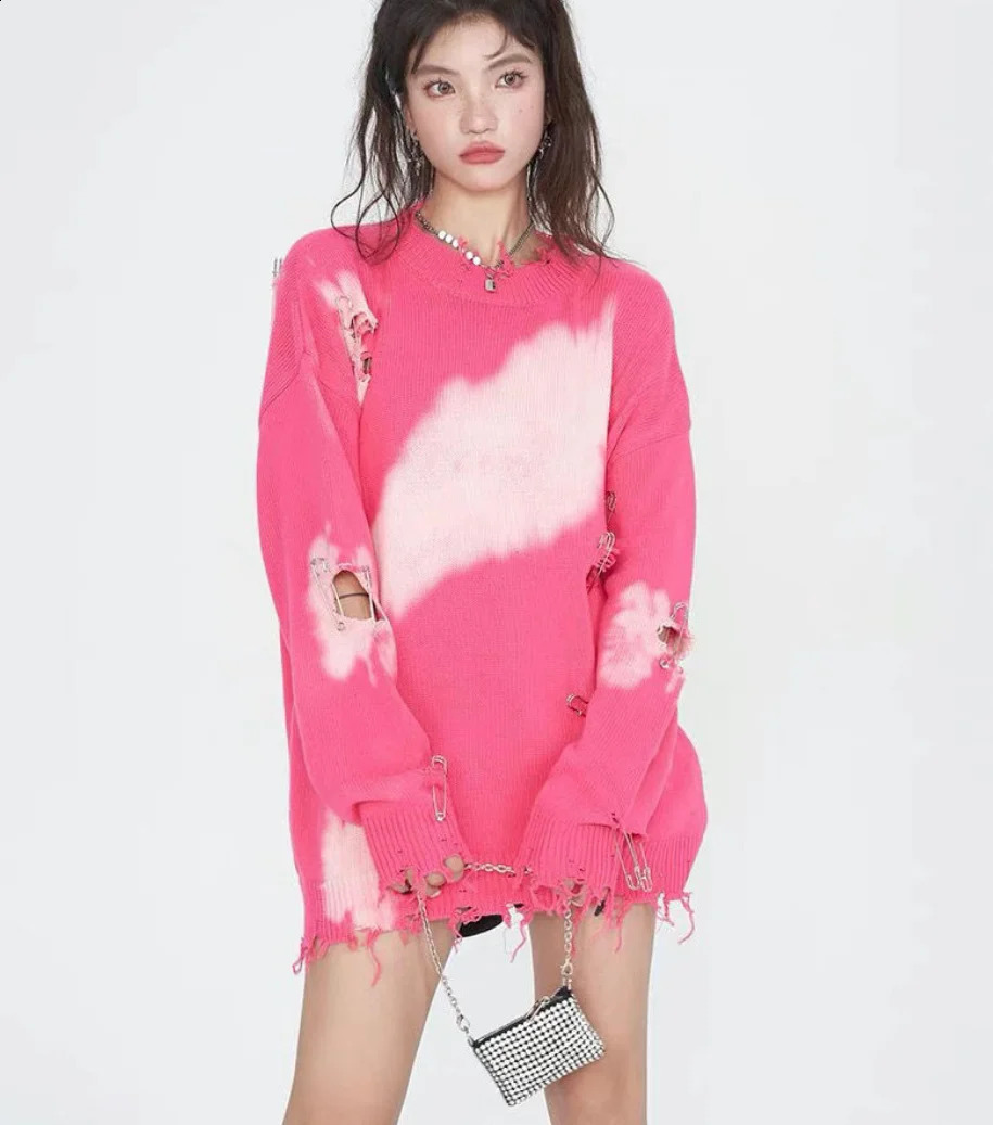 KOSAHIKI Tie Dye Pins Ripped Holes Knitting Sweaters Hip Hop Streetwear Pullover Harajuku Loose Black Tops Vintage Jumpers 240812