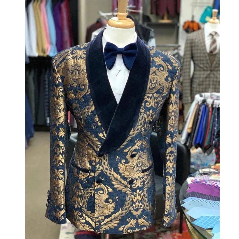 Floral Slim Fit Blazer for Men Suit 1 Pc Smoking Wedding Jacket with Velvet Shawl Lapel Double Breasted Male Fashion Coat 2024