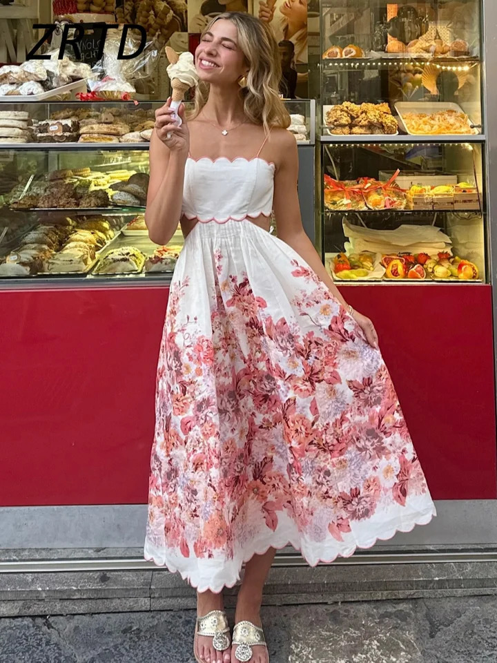 Elegant Print Hollow Out Sling Long Dress Women Sexy Sleeveless Backless Bandage Female Dresses Summer Lady Holiday Robes 240810