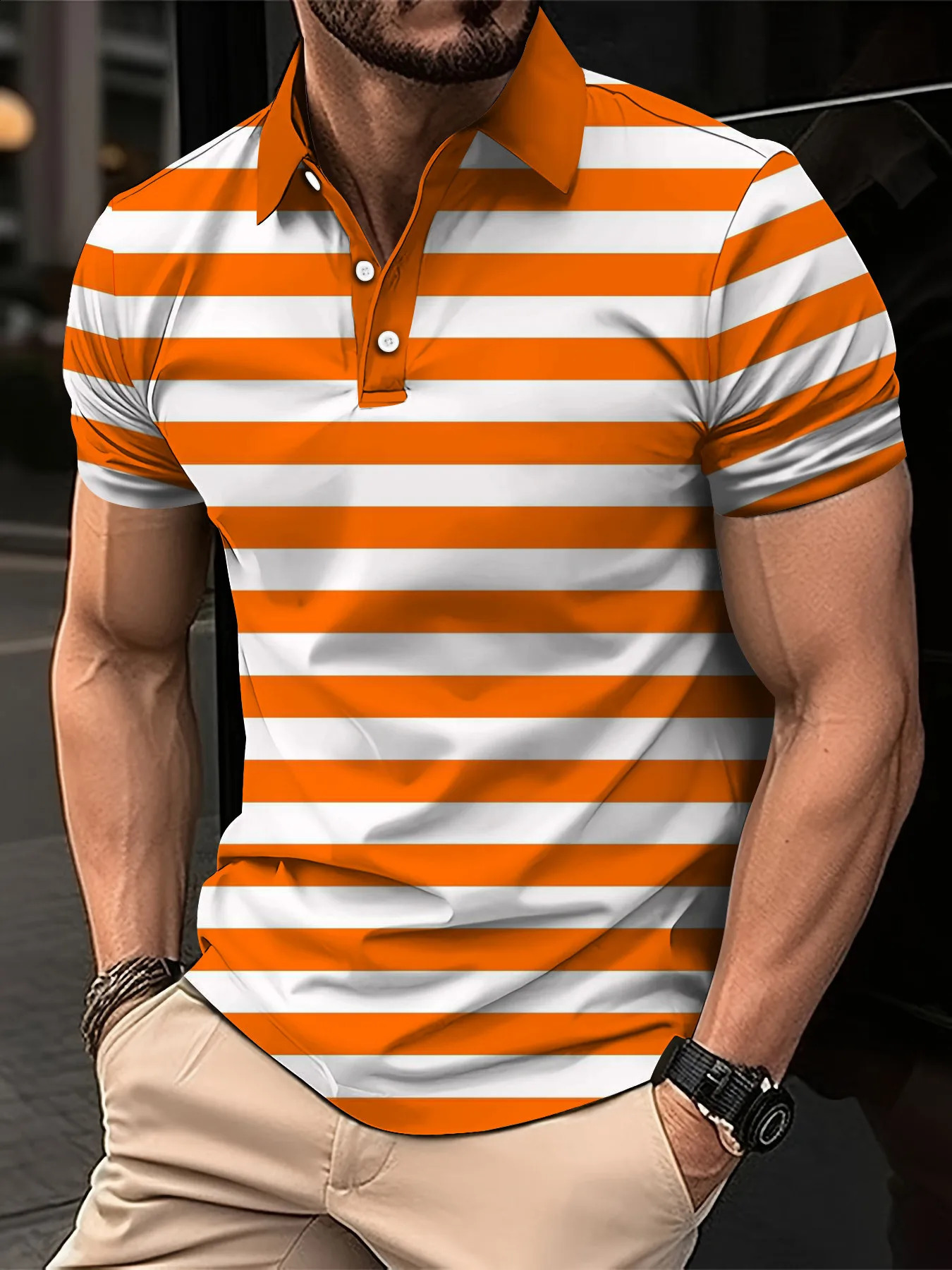 2024 Mens Summer Short Clothes Sleeved Lapel 3D Digital Printed Striped Polo Shirt Mens Business Casual Top Clothes 240810