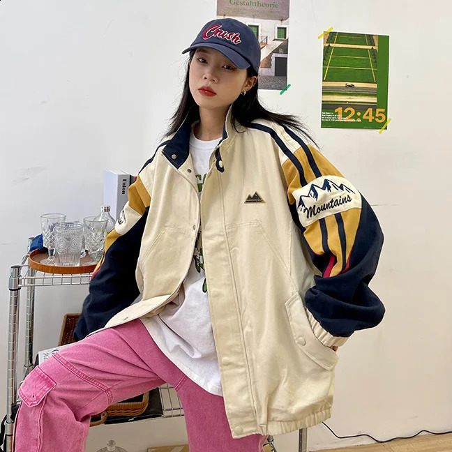 American Stand Collar Coat Men Autumn Harajuku High Street Colorful Punching Jacket Unisex Oversize Patchwork Baseball Uniform 240810
