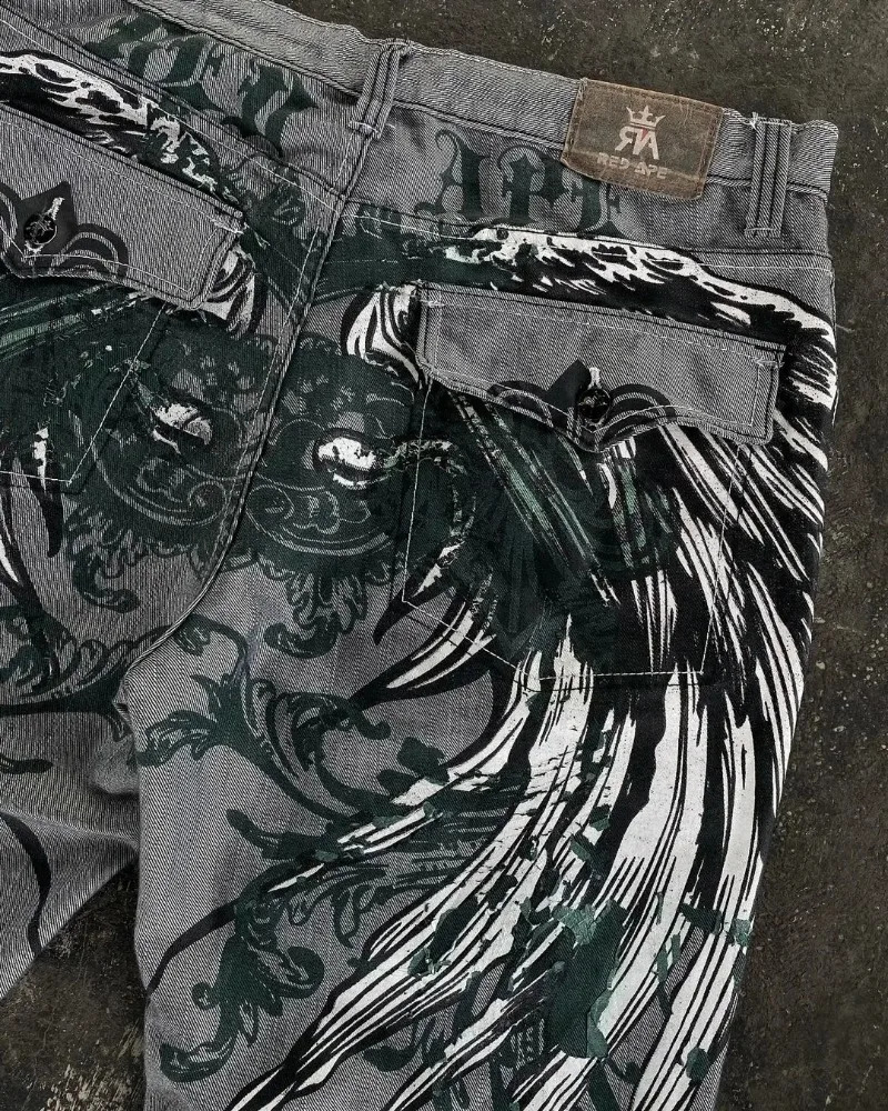 SIRI American Street Mopping Pants Y2K Loose Jeans Harajuku Hip-hop Retro Oversized Print Jeans Mens Gothic Wide-leg Pants 240810