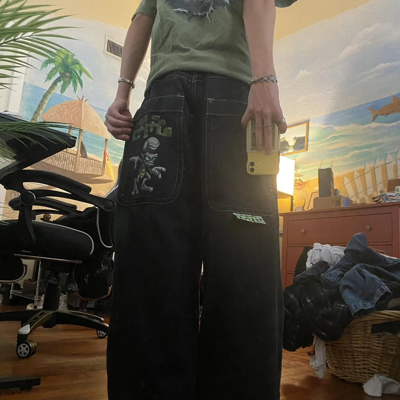 The latest JNCO Alien print jeans for summer 2024 American retro Harajuku loose casual black and green y2k JNCO jeans wide leg jeans240809
