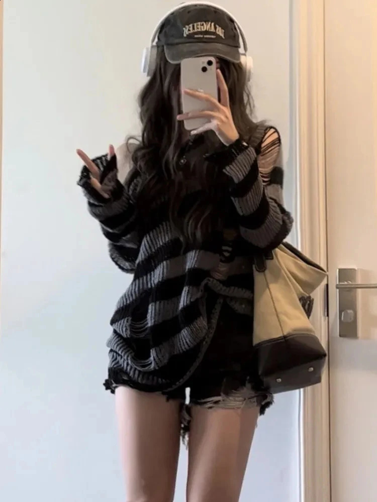 Gothic Sexy Hollow Out Sweaters Women Y2K Striped Loose Long Sleeve Punk Knitted Jumpers Streetwear Harajuku Hip Hop Tops 240812