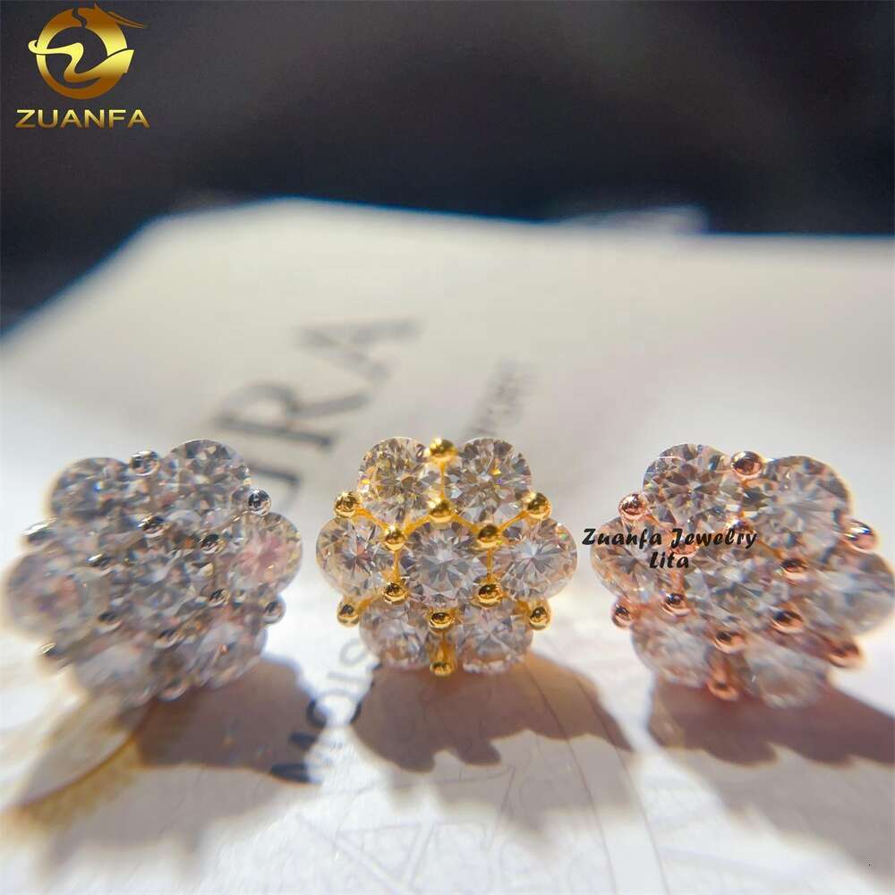 Fashion Jewelry Bling Hip Hop 15Mm Sterling Sier Moissanite Flower Earrings