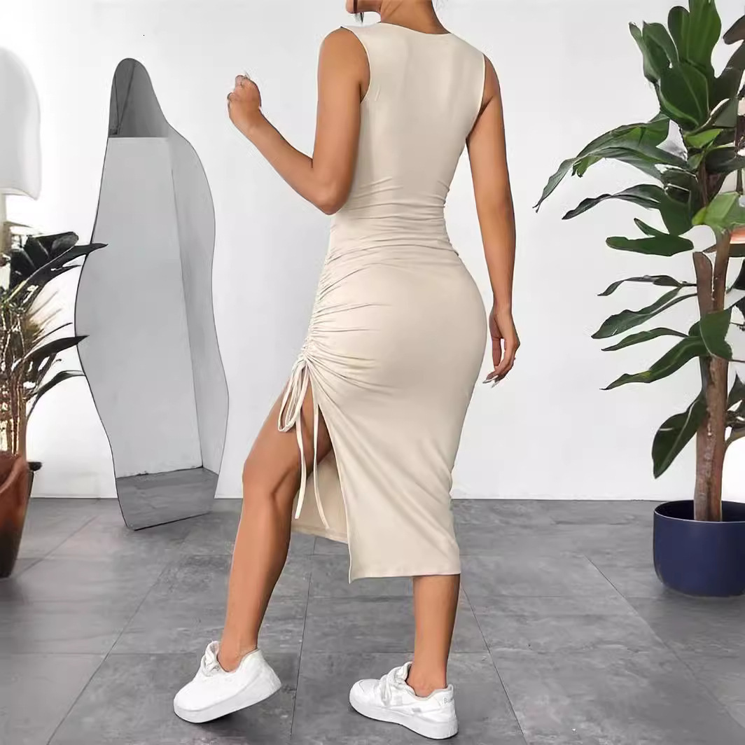 New sleeveless vest skirt with pleats drawstring slim fit hip hugging skirt summer dress