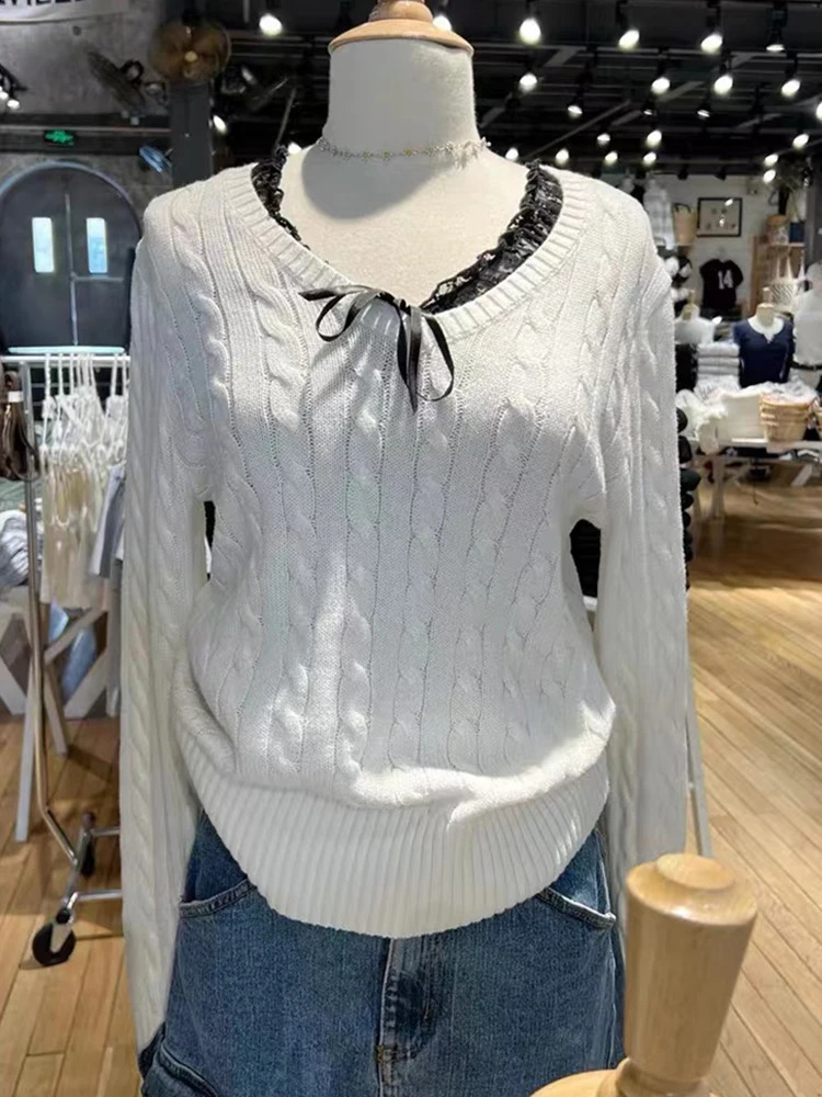Solid Twisted Flower Knitted Sweater For Women Autumn Winter Cotton V Neck Slim Pullovers Tops Sweet Preppy Style Jumper Y2k 240812