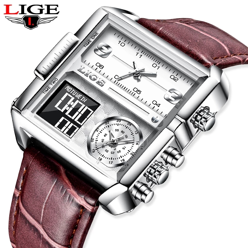 LIGE new dual display electronic watch men's waterproof timing code watch multifunctional leather strap watch