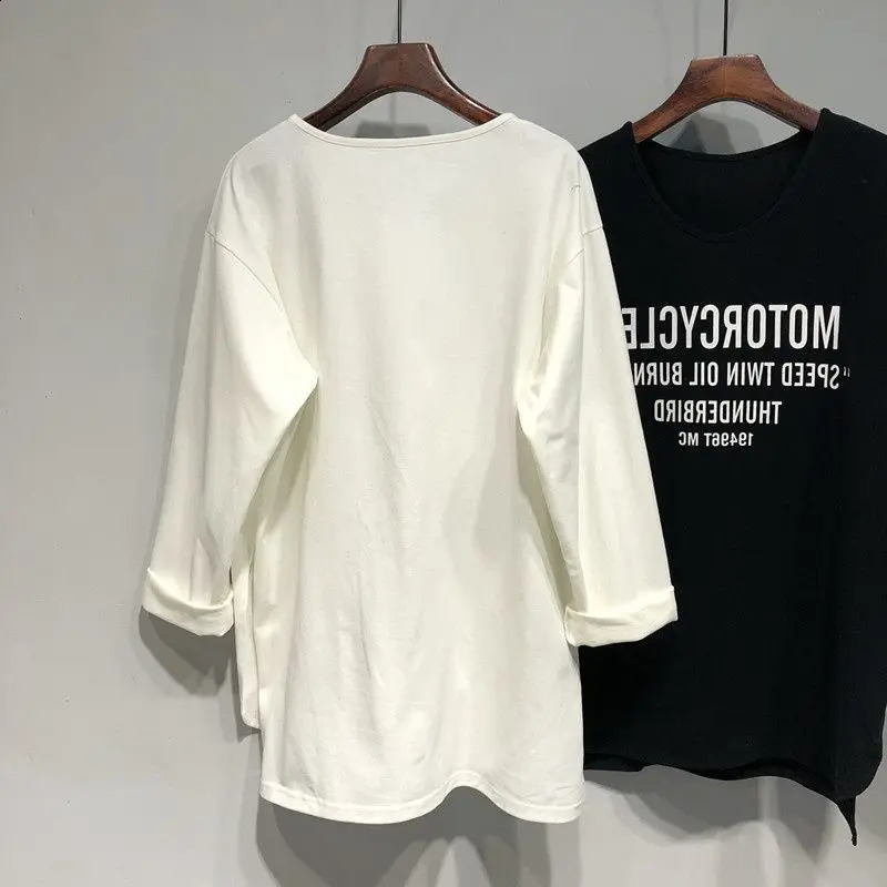 Womens Spring and Autumn Fashion Casual Solid Color Floral Letter Medium length Round Neck Loose Split Long Sleeve T-shirt Top 240826