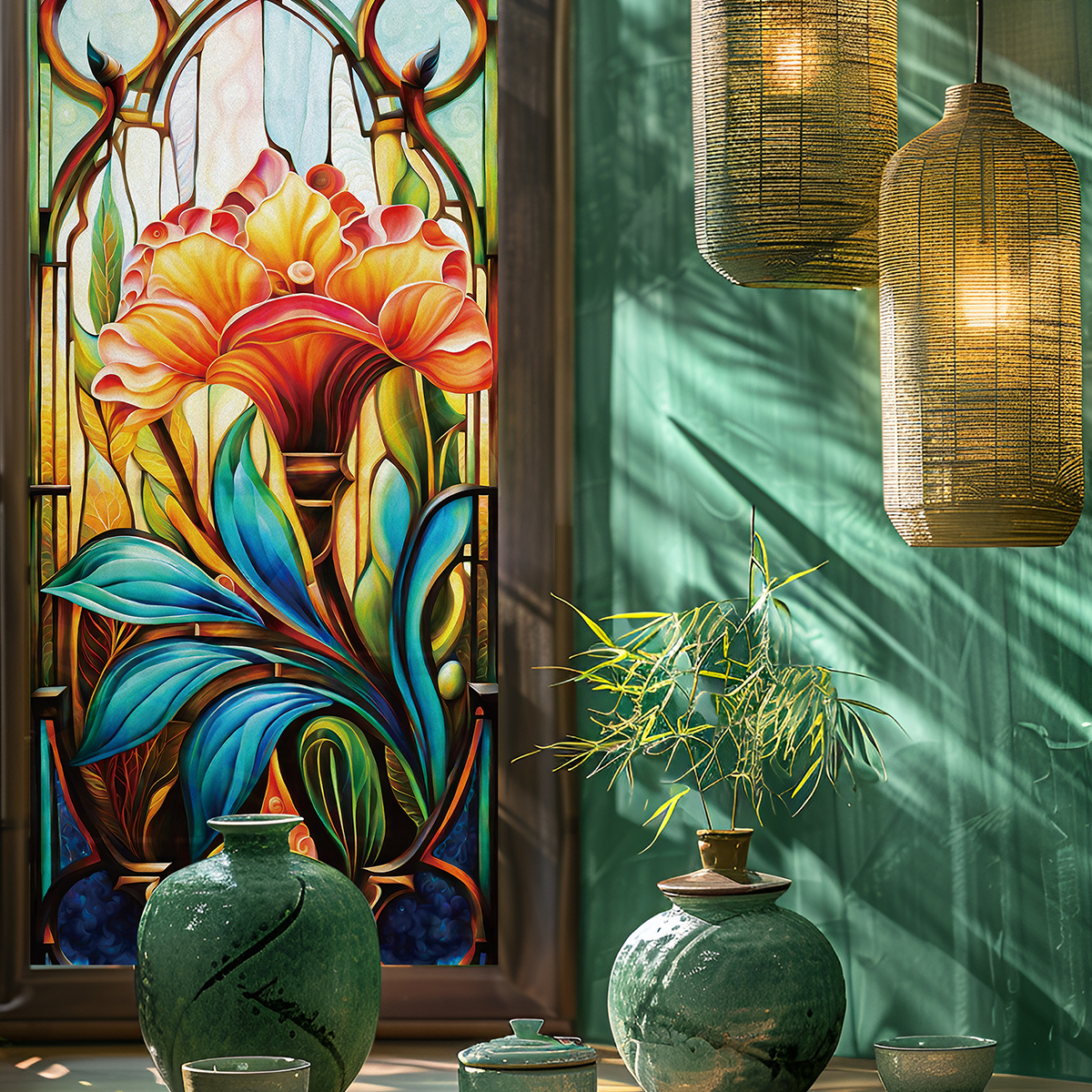 Cross border personalized flowers colored glass film adhesive free insulation static electricity window flowers home bedroom bathroom windows
