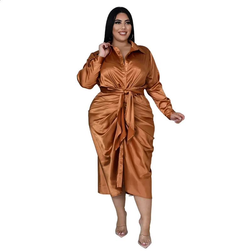 Shirt Women With Lace Up Long Sleeve Clothing Plus Midi Dress Sexy Satin Dresses Big Size Wholesale Drop 240810