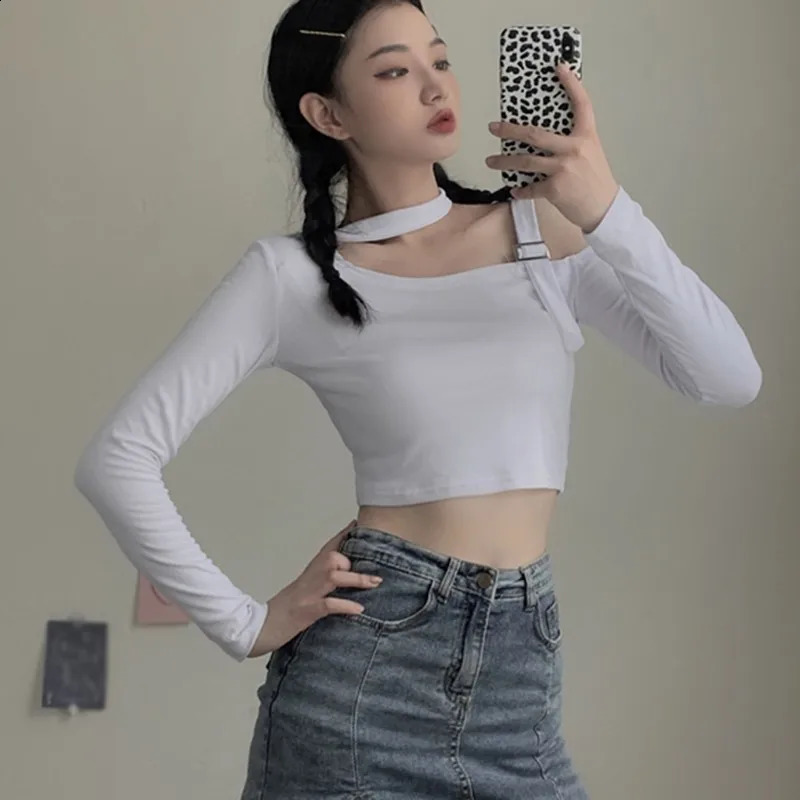 Sexy Fashion Korean Edition Irregular Hanging Neck Off Shoulder Sexy Slim Fit Off Navel Long sleeved T-shirt 240810