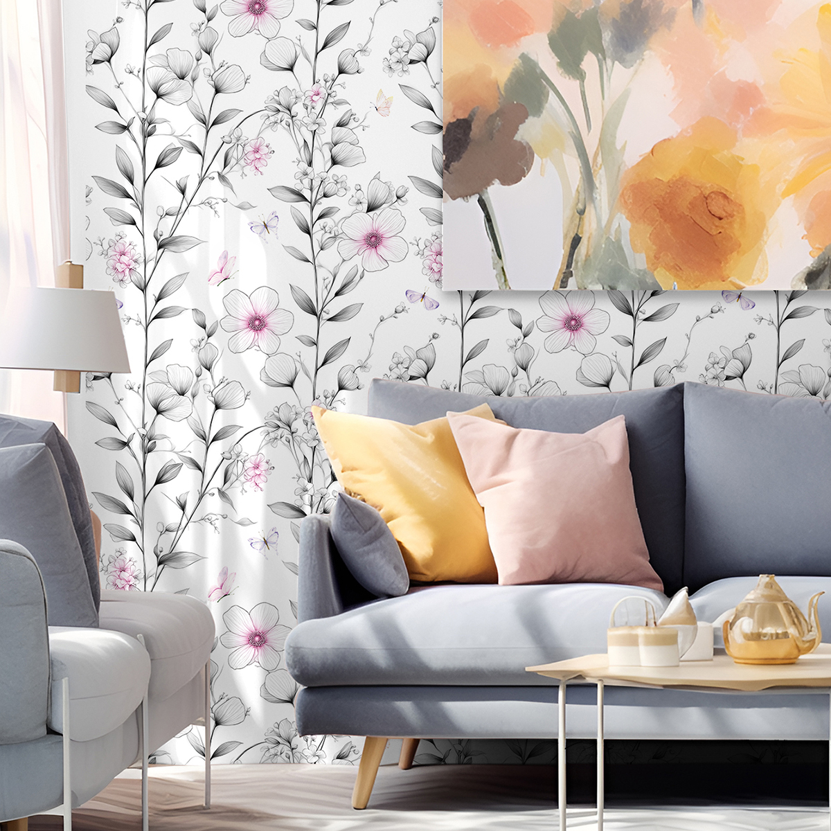 Cross border wallpaper green plants flowers butterfly patterns retro personalized sketches watercolor style waterproof and moisture-proof home decorat