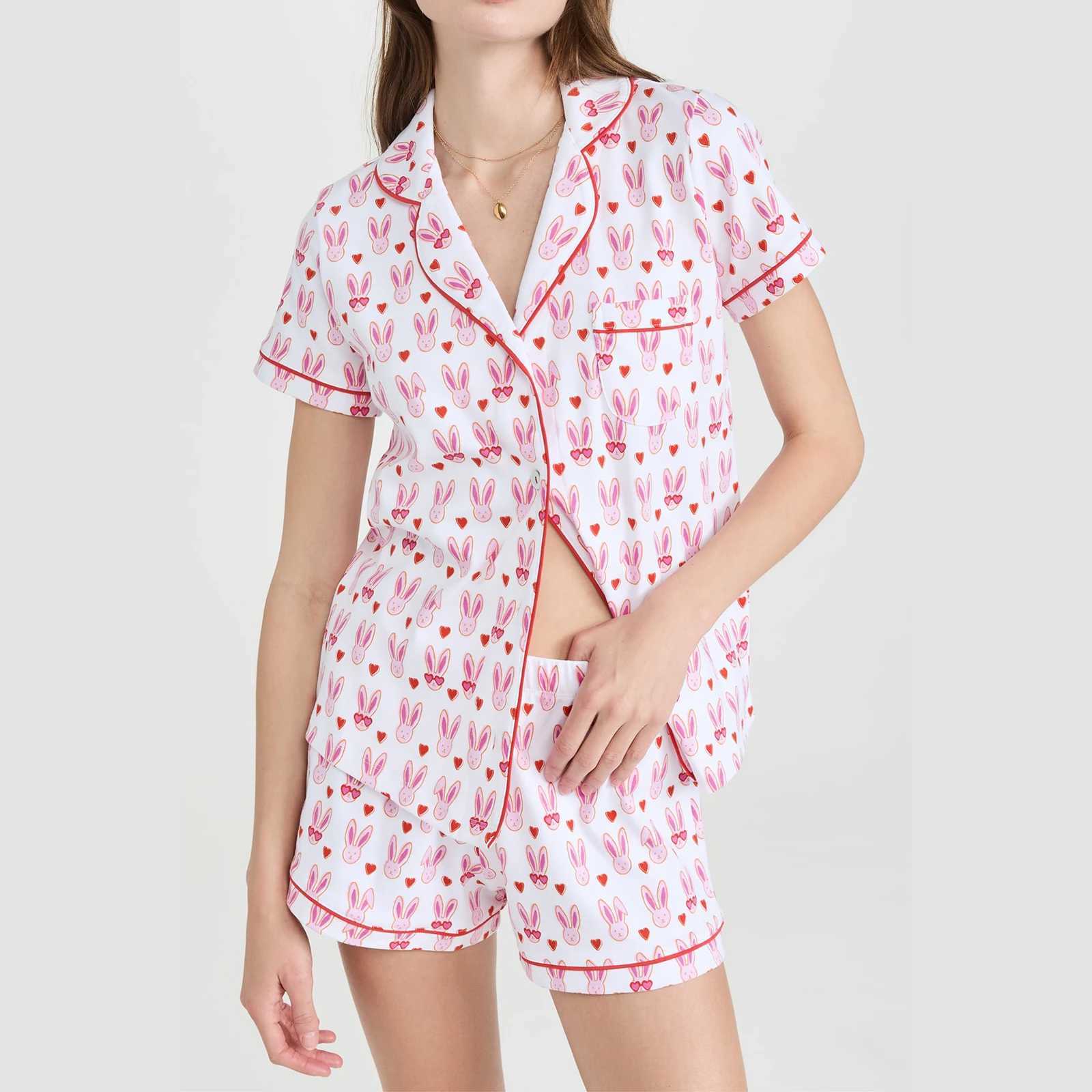 Womens Sleepwear Womens Cute Roller Rabbit Pajama Monkey Print Slep Womens Pajama Shorts Set 2-piece Short Sleve Pre made Matching Pj Set T240809