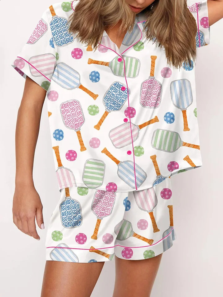 Print Y2k Silk Pajamas for Women Satin Cozy 2 Piece Printed Preppy Pjs Shorts Set Matching Pj Aesthetic Pajamas Shirts Sets 240810
