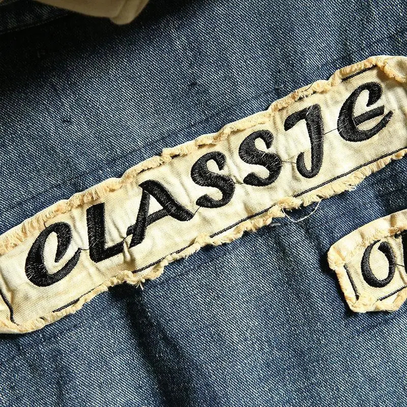 Mens Denim Jacket Patch Vintage Blue Male Jean Coats Ripped with Hole Washed Low Cost of Fabric Winter Outerwear Size L Y2k G 240816