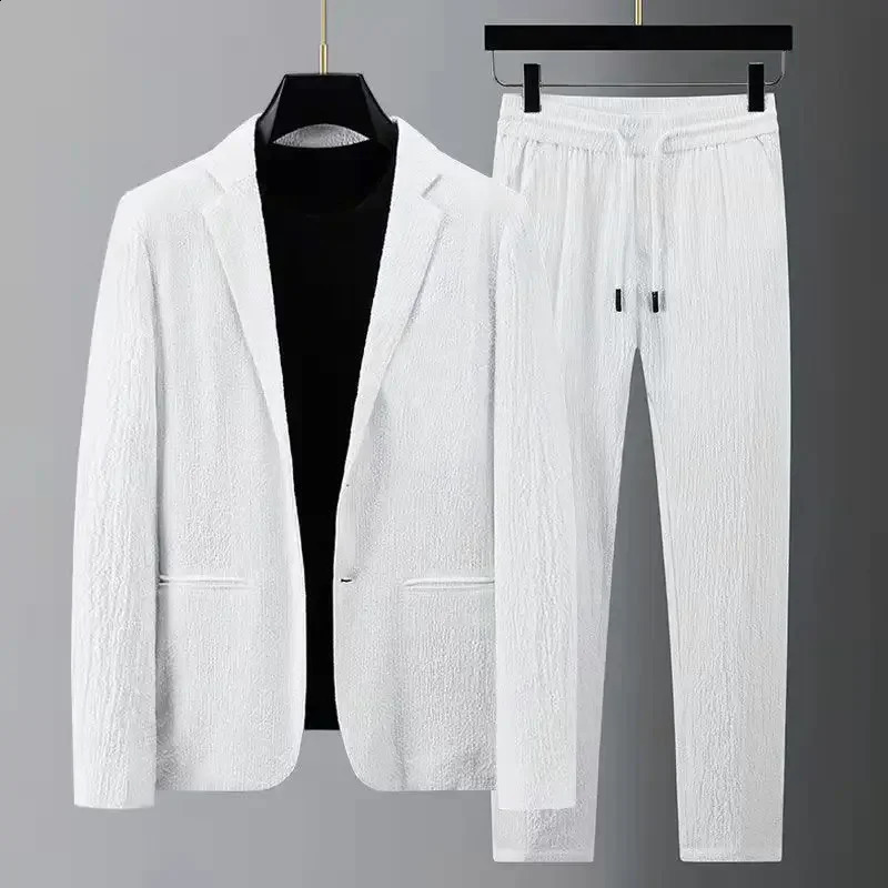 Mens set drawstring pants smart casual mens track suit spring and autumn pleated thin single button promotional 240809