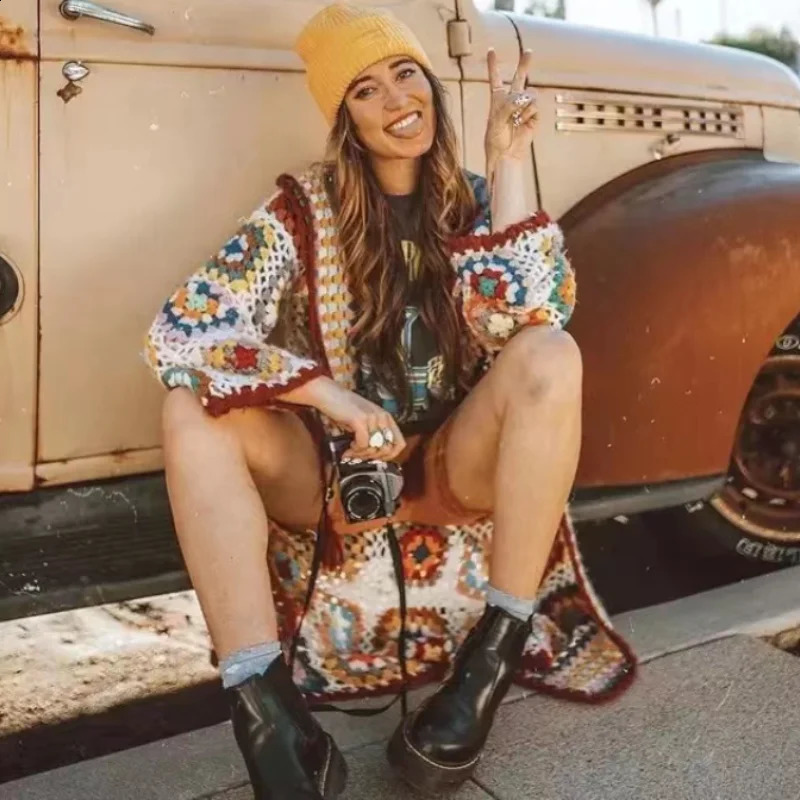 AYUALIN Boho Ethnic Floral Crocheted Knit Sweater Coat Retro Embroidery Chic Oversize Hooded Coats Mohair Women Sweaters 240809