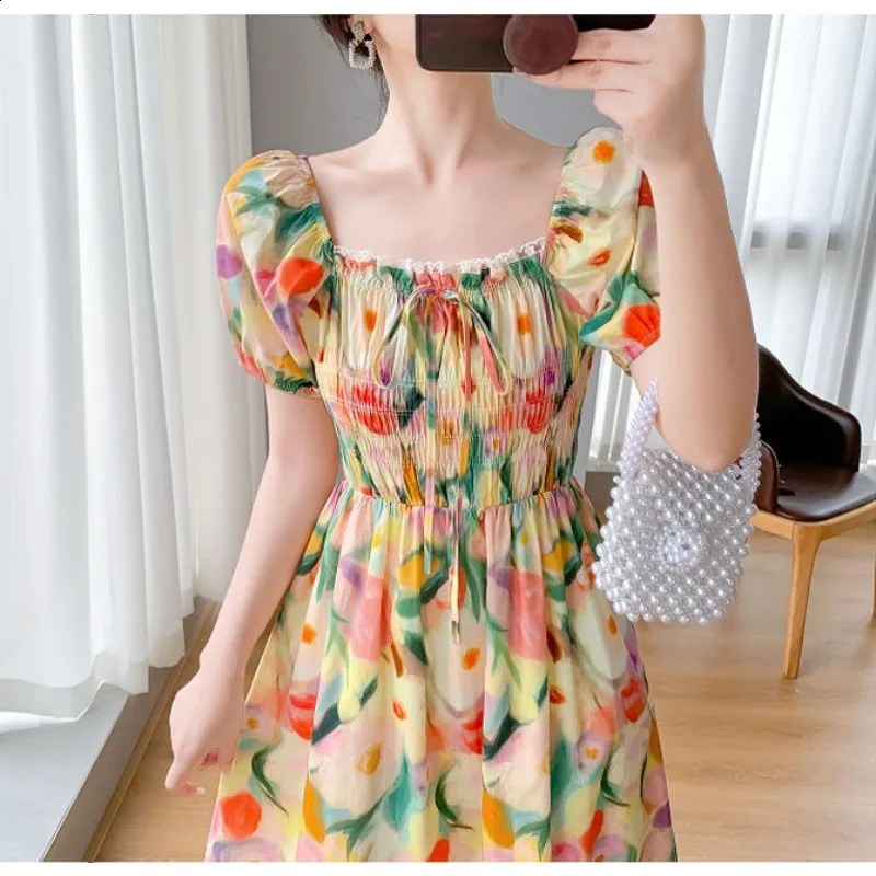 Puff Sleeve Square Neck Floral Print Maiden Prairie Chic Dresses Small Womens Tea Break French Tight Calf Length Long Skirt 240810