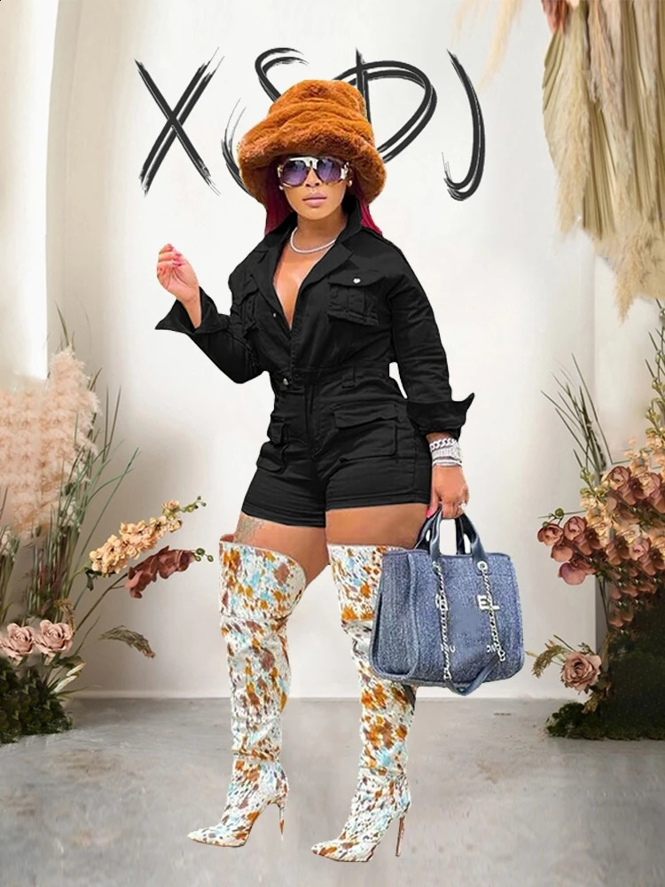 Autumn Denim Long Sleeve Jumpsuit Woman Jumpsuit with Shorts Streetwear Sexy Bodycon Jumpsuit One Piece Wholesale 240810