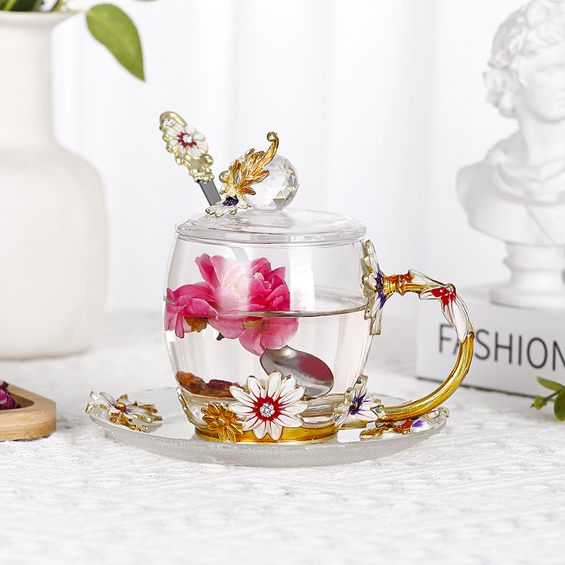 Chrysanthemum coffee cup Round enamel color water cup high temperature resistant crystal glass light luxury transparent tea cup