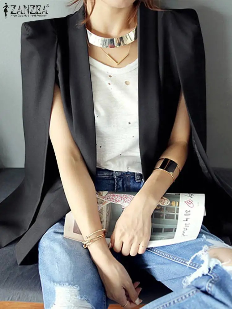 ZANZEA Women Lapel Cloak Blazer Fashion Split Sleeve Coat Autumn Office Solid Cape Casual OL Black Suit Jacket Workwear 240810